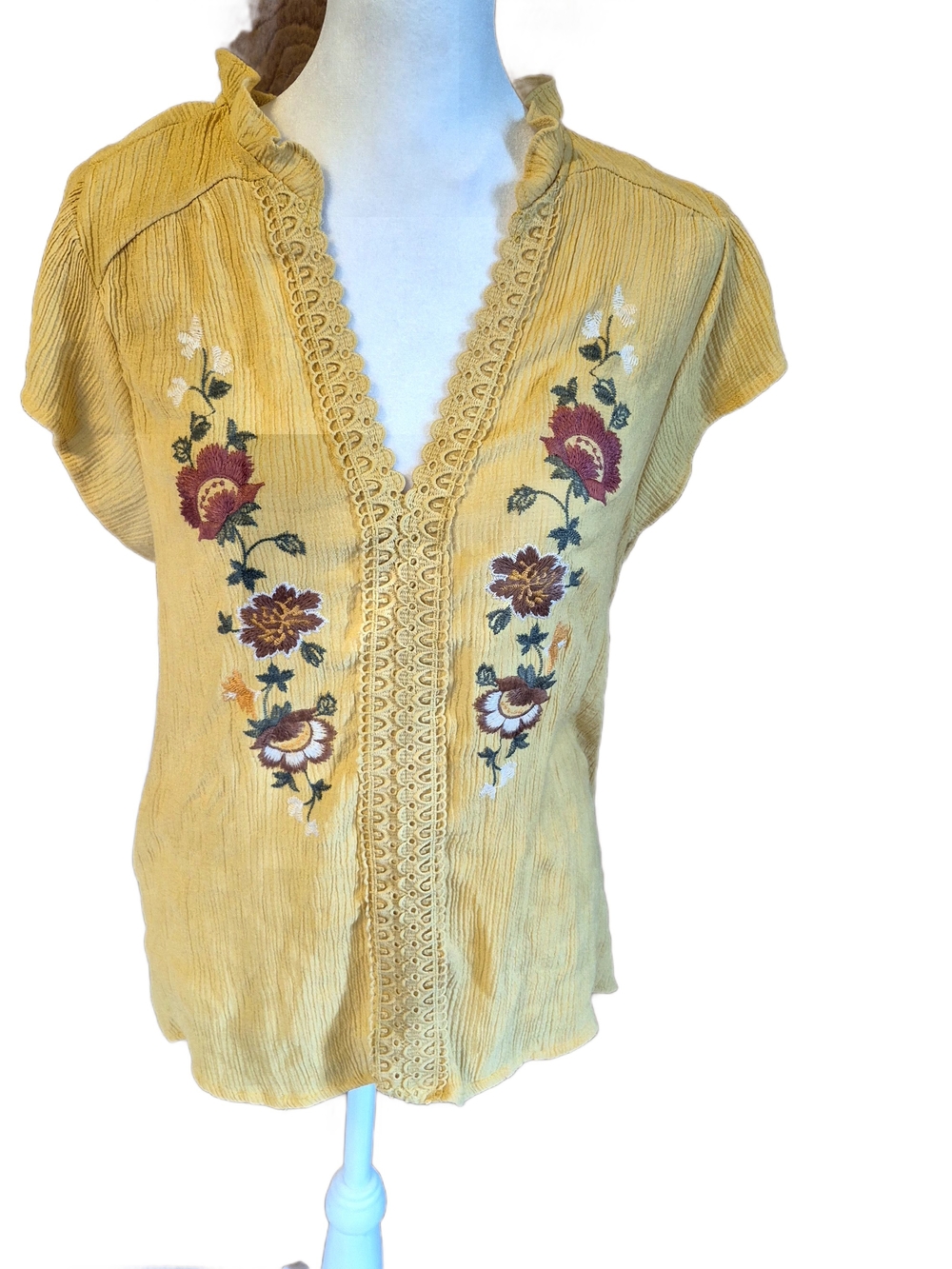 Embroidered Mustard V-Neck Boho Blouse